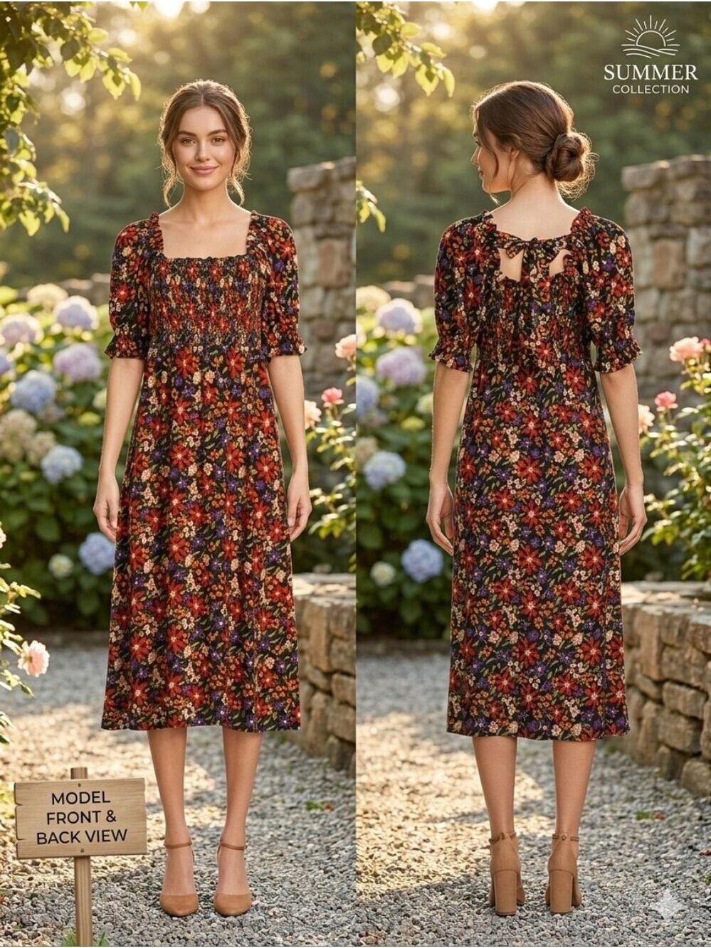 NEW BeachLunchLounge Black Floral Cataleya Smocked Midi Dress with Back Tie XL